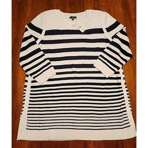 Talbots Women's Striped Cotton Blend White Sweater Black Stripes 3/4 Sleeves NWT